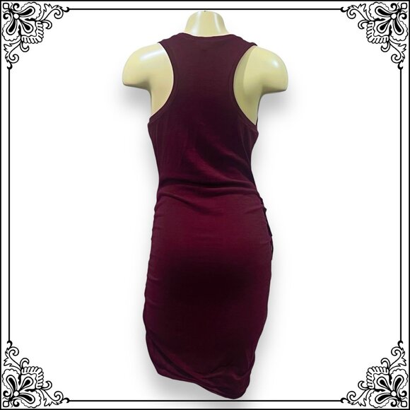EXPRESS Heather Burgundy Bodycon Ruched Fringe V-Neck Dress - Size M - Picture 4 of 11